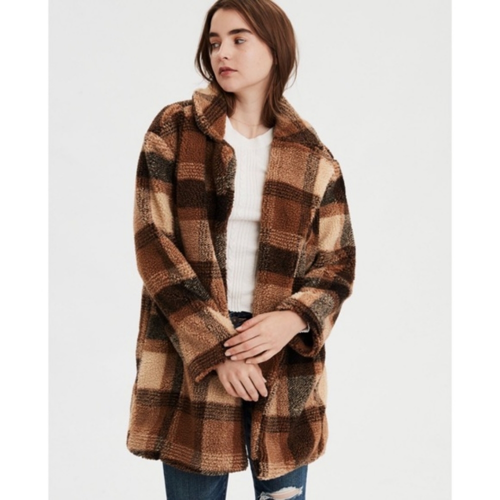 American Eagle Brown Plaid Teddy Coat